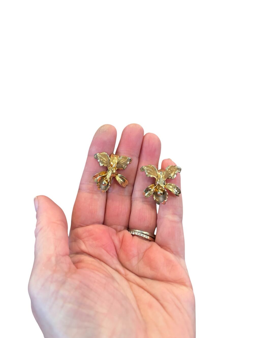 Vintage Gold Tone Screwback Earrings Sculptural Orchid Lily 1950s Mid Century